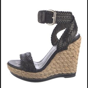 Stuart Weitzman Black and Tan Wedge Sandals